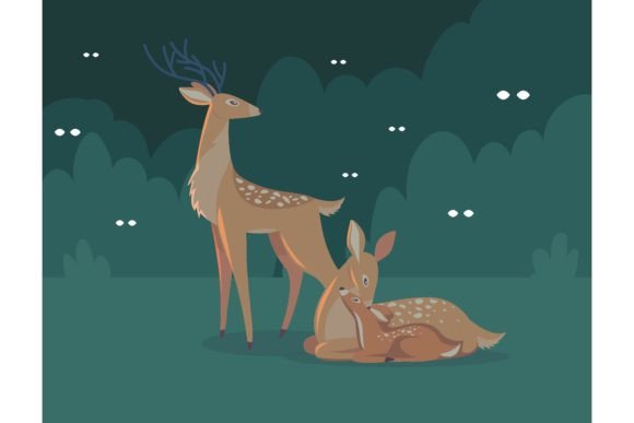 Deer Family at Night Cartoon Illustration